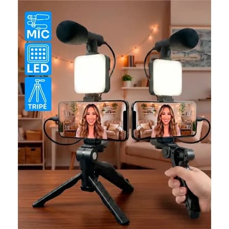 Foto de Kit de Gravação Youtuber Tiktoker Video Maker Estabilizador Com Microfone Tripé Led Vlog Profissional Para Celular iPhone/android Luz Led Para Gravação E Fotos Cor Preto - Good Vis