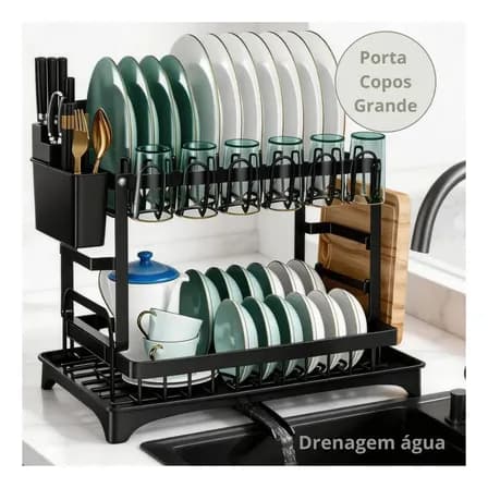 Foto de Escorredor de Louças 2 Andares Zelvi Aço Carbono Preto para Pratos Copos Talheres Organizador Pia Cozinha