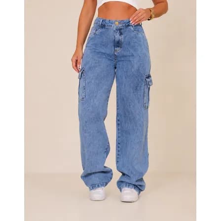 Foto de Calça Cargo Jeans Feminina Wide Leg Cintura Alta Stillger